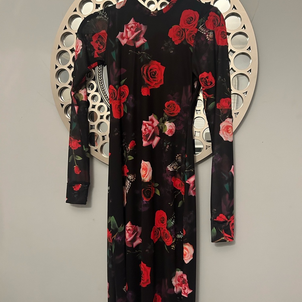 Bloomingdale's Black Dress with Red and Pink Floral Design